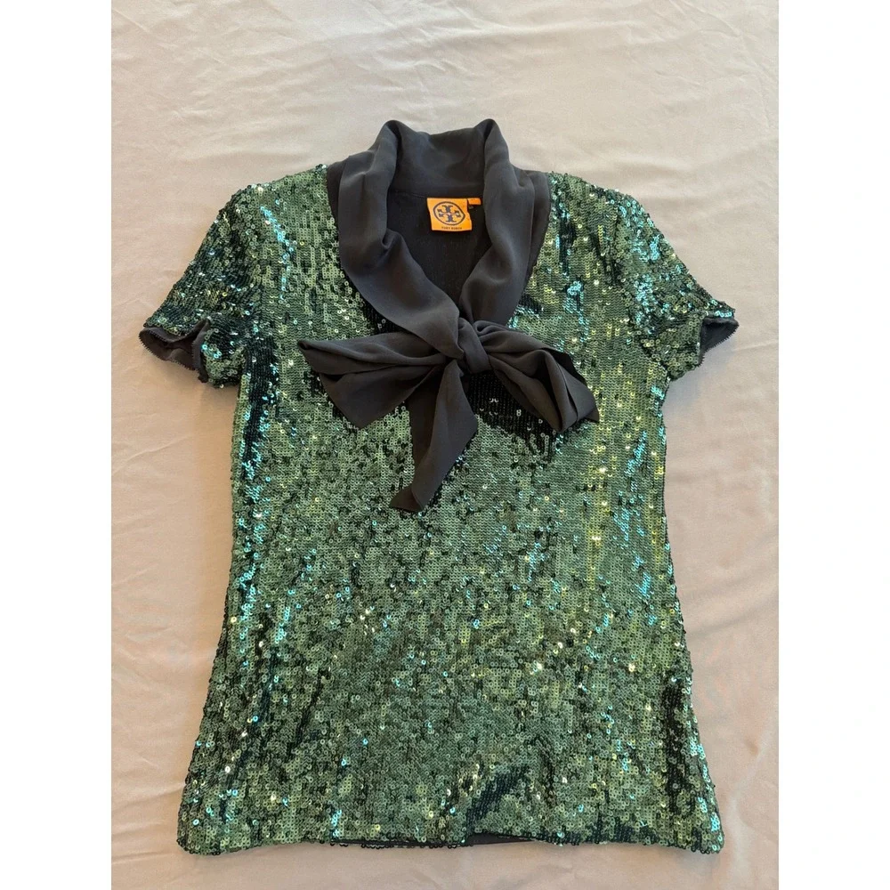 Tory Burch Womens Green Sequin Silk Tie Neck Short Sleeve Top XS Emerald Black
